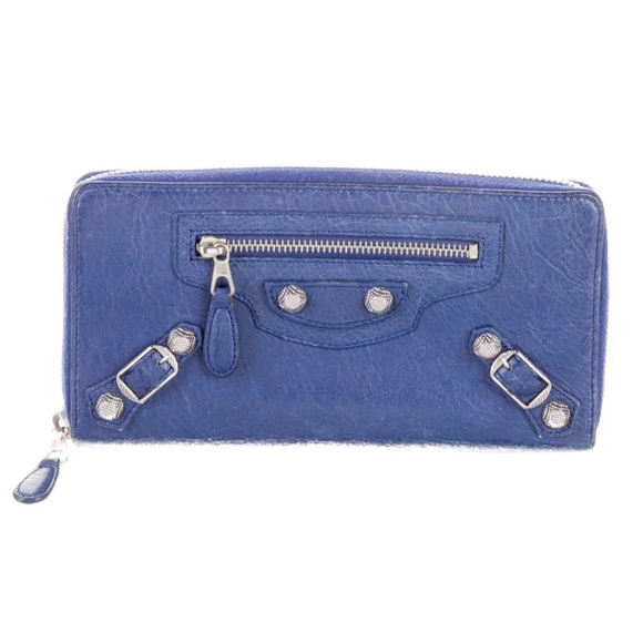 Balenciaga Leather Motocross Giant 12 Continental Stud Zip Wallet Blue - Picture 1 of 14
